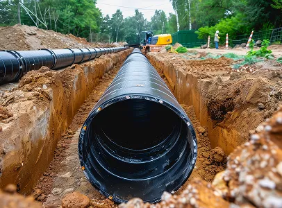 Grandes canalisations noires alignées dans une tranchée de terre, site de construction à Corme-Royal en Charente-Maritime 17