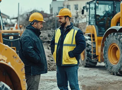 Deux ouvriers de chantier en casques et gilets de sécurité discutent près d'engins de construction à Corme-Royal en Charente-Maritime 17