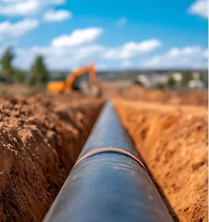 Long pipeline noir dans une tranchée de terre, avec un bulldozer à l'arrière-plan à Corme-Royal en Charente-Maritime 17