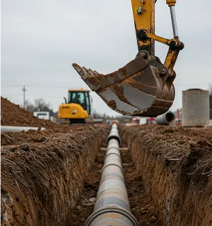 Pelle mécanique installant un tuyau dans une tranchée pour un projet de construction à Corme-Royal en Charente-Maritime 17