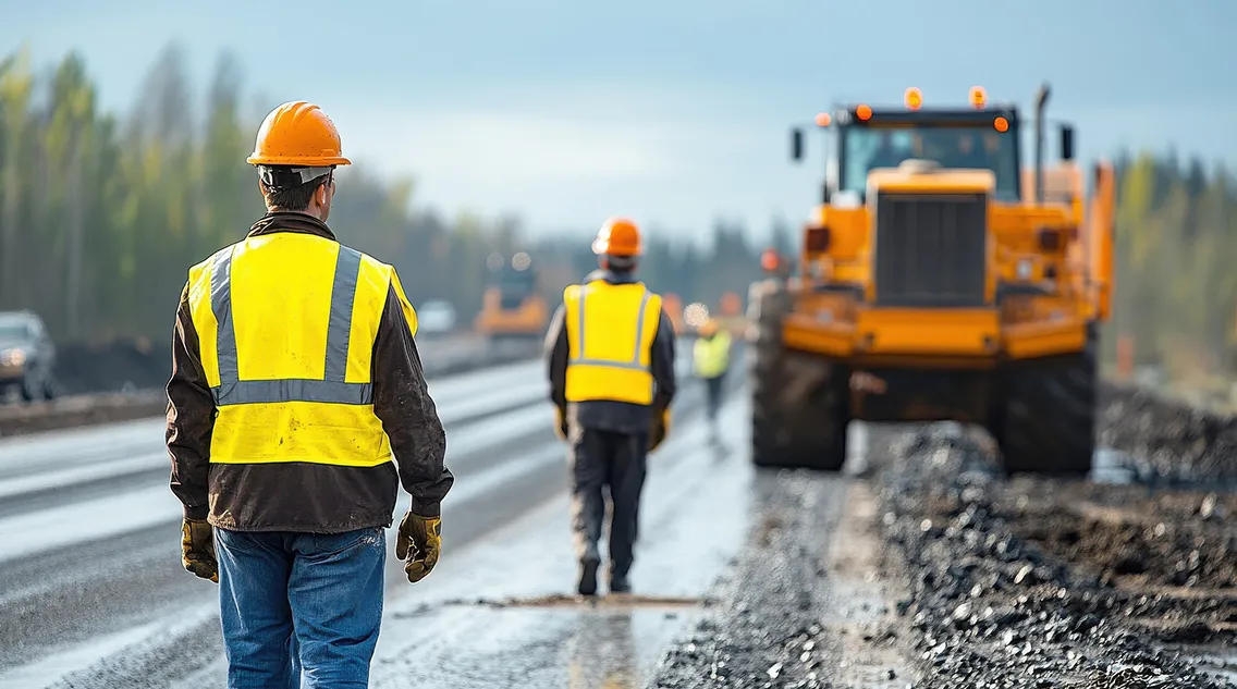 Travailleurs avec gilets de sécurité et casques sur un chantier de construction routière avec machinerie lourde à Corme-Royal en Charente-Maritime 17